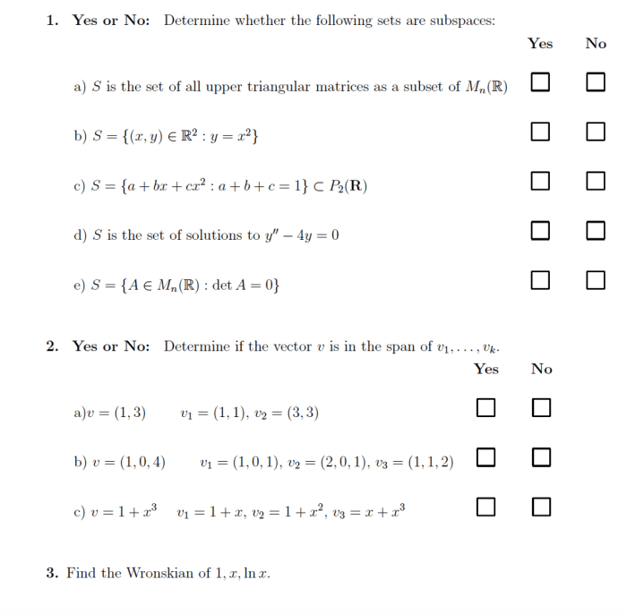 Determine whether the following sets form subspaces of r2